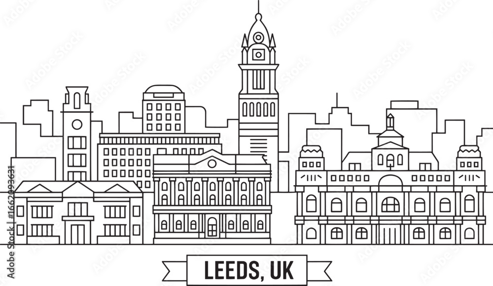 Obraz premium Leeds, UK Skyline Outline Vector Illustration with Historical Buildings and Cityscape Details