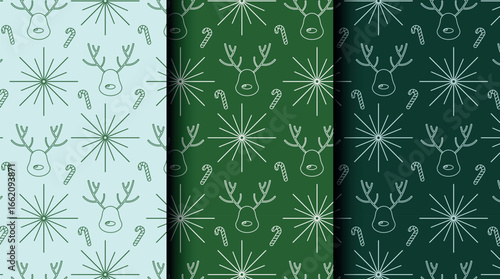 Holiday seamless pattern set with Christmas elements. Vector design with three color options for festive cards, packaging, and textile.