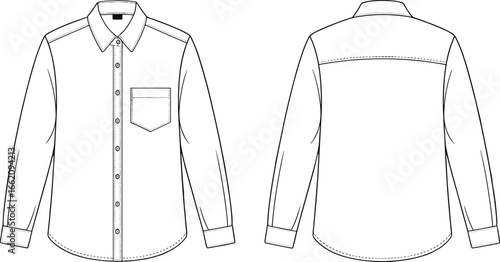 Men's Long Sleeve Shirt Technical Flat – Classic Button-Up Shirt with Collar, Front Pocket, and Back Yoke, Fashion Design Illustration