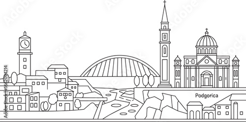 Podgorica Skyline Outline Vector Illustration with Bridges, Churches, and Cityscape Details