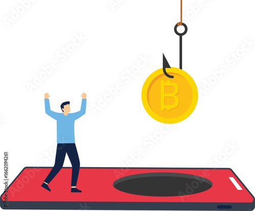 A businessman lured with a bitcoin sign in a smartphone trap. stock illustration
