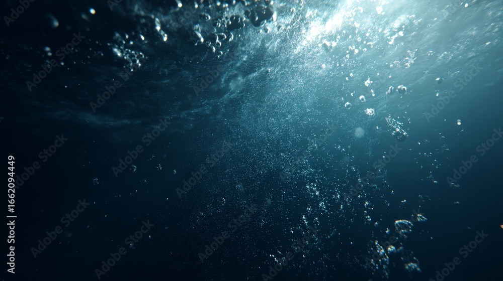 Fototapeta premium Deep Blue Sea Background with Small Air Bubbles Underwater