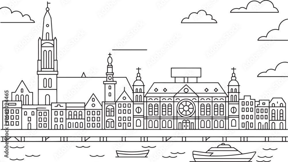 Fototapeta premium Riga Skyline Silhouette Vector Illustration with Cityscape Outline Design and River View