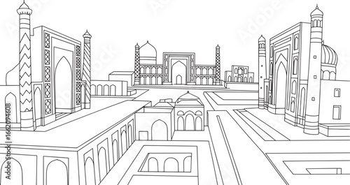 Samarkand Uzbekistan Skyline Linear Silhouette with Islamic Architecture and Courtyards