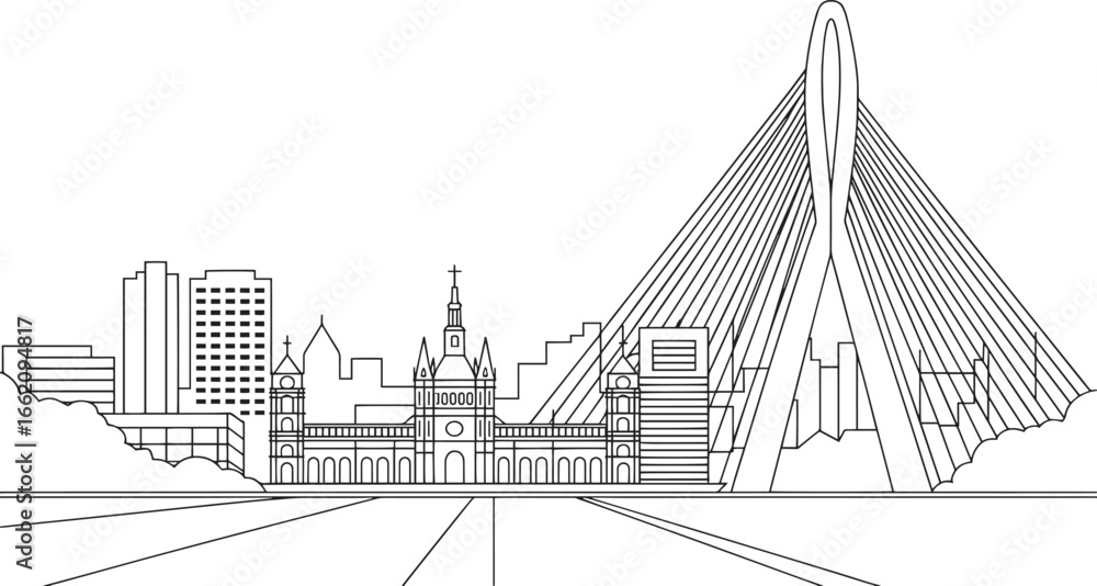 Fototapeta premium Valencia Spain Skyline Vector Illustration Detailed Cityscape Outline with Landmarks and Bridge