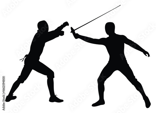 Fencing Athletes Duel Silhouette Action Competitive Sport Illustration Black and White