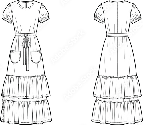 Fashion dress technical flat sketch, tiered ruffle maxi dress design, puff sleeve belted dress with pockets, CAD garment vector illustration