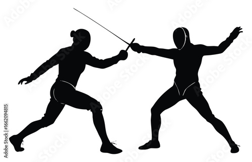 Fencing duel silhouette two athletes engaged in a competitive sports match
