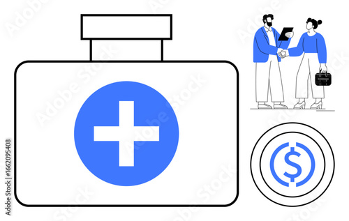Minimal medical bag with cross, handshake between professionals, and dollar coin. Ideal for healthcare, partnerships, finance, insurance, business, collaboration simple flat metaphor