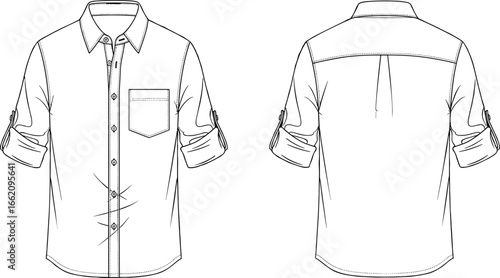 Vector Illustration of Men’s Rolled Sleeve Casual Shirt with Front Pocket, Button Detail, and Back Pleat – Front and Back View