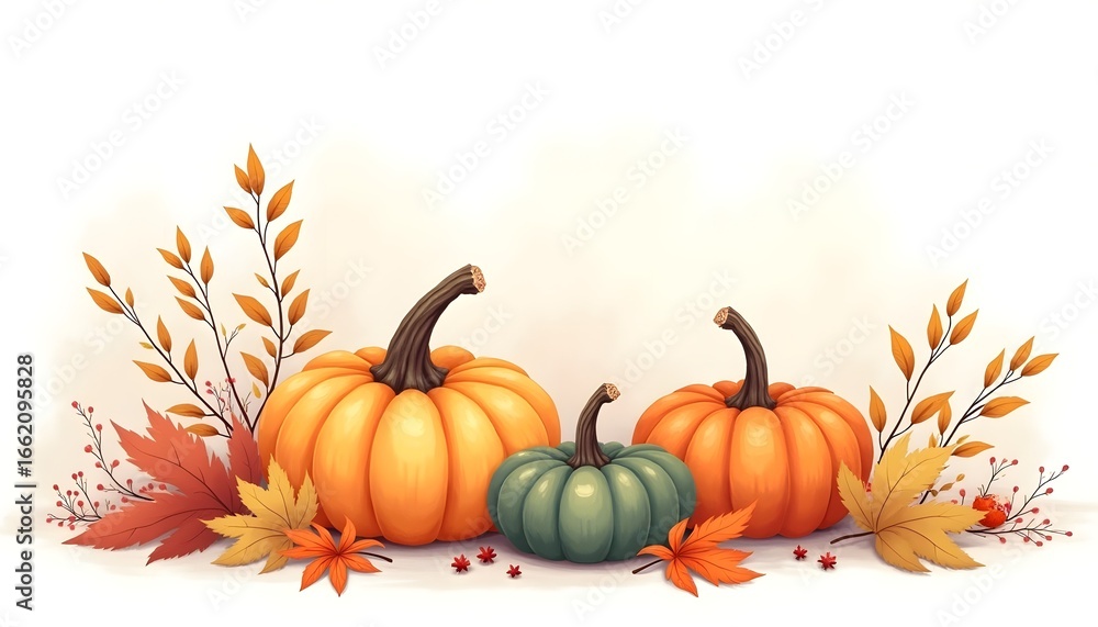 Naklejka premium Pumpkins and autumn leaves on white background for fall-themed designs, seasonal celebrations, and Thanksgiving promotions