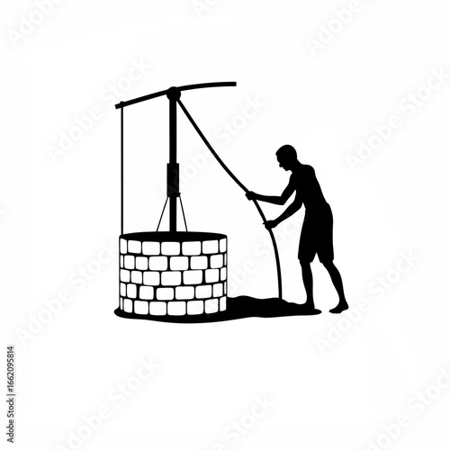 Farmer pulling rope to draw water from well silhouette on white background