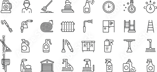 Cleaning Equipment Maintenance Icons Vector, Tools, Supplies, Vacuum, Mop, Spray Bottle, Garage, Brush, Disinfection, Utility, Sanitation Set