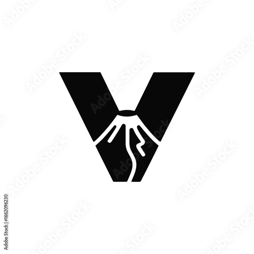 Volcano Letter V Logo Design graphic minimalist black and white branding nature tourism geology initial V symbol icon vector illustration