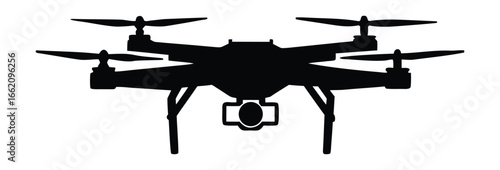 Silhouette of a black quadcopter drone with camera isolated on white