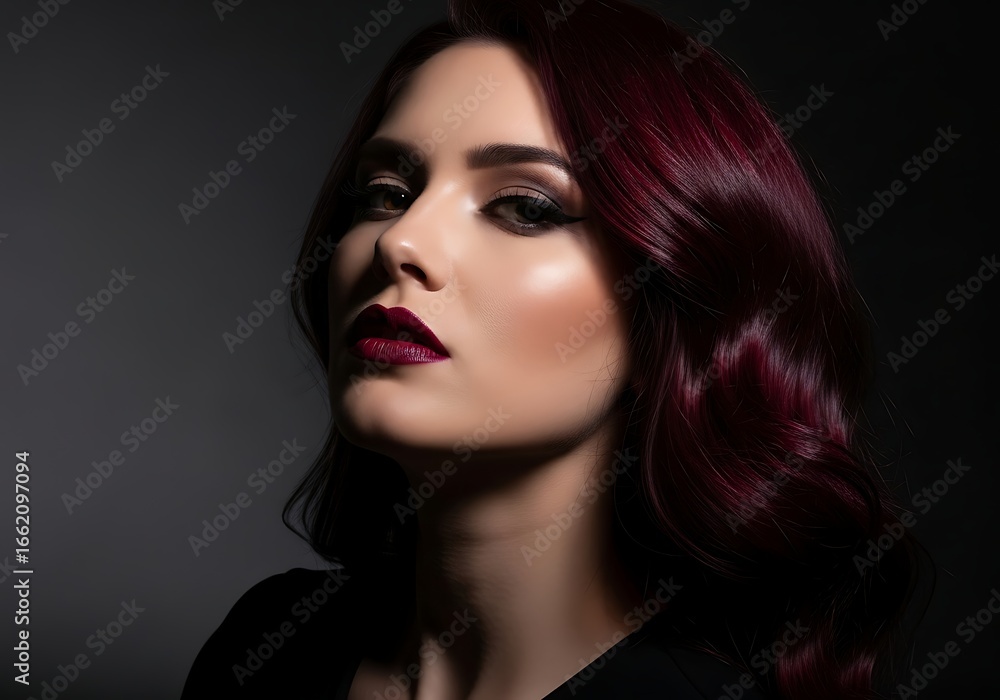 Fototapeta premium A stunning portrait of a woman with dark red hair and dramatic makeup, gazing confidently.