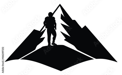 Silhouette of a hiker ascending a mountain peak representing adventure and challenges