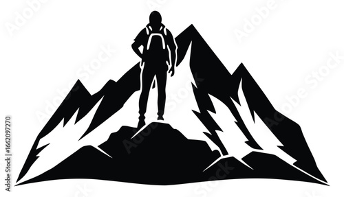 Silhouette of a hiker standing on top of a mountain peak achievement concept