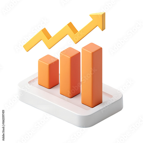 3D orange bar chart with upward yellow arrow on white base – Business growth, financial analytics, performance metrics, chart, growth, data, finance, analytics, upward, Transparent Image