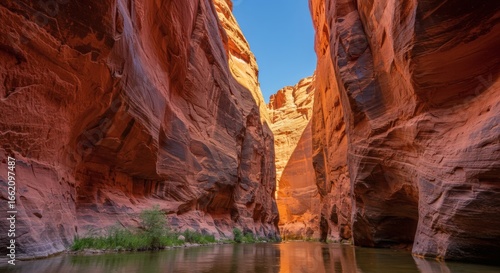 Majestic desert landscape with towering red sandstone cliffs and a serene river reflecting the clear blue sky