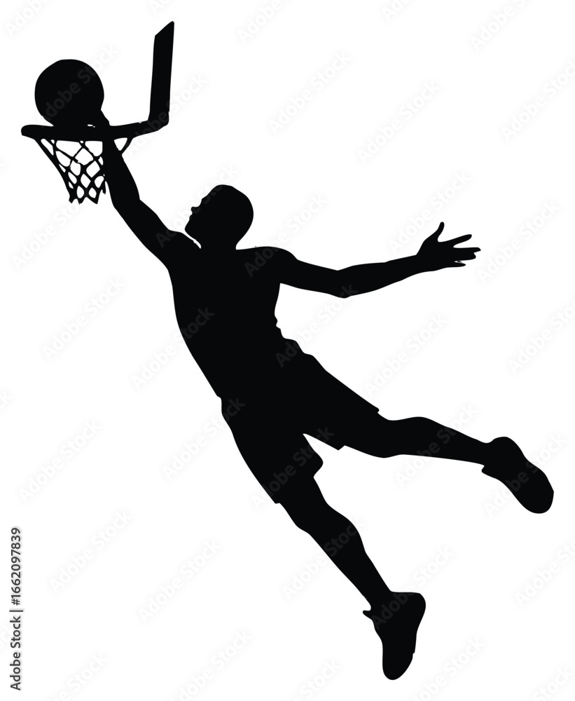 Obraz premium Silhouette of basketball player dunking ball into hoop with dynamic energy