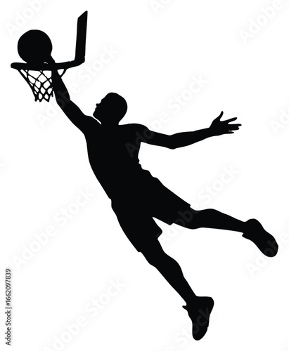Silhouette of basketball player dunking ball into hoop with dynamic energy