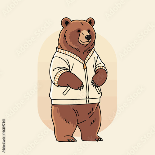 Friendly brown bear illustration in a white zipped jacket, standing upright with a charming demeanor. Perfect for playful animal-themed designs.