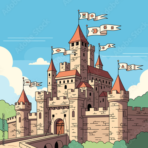 Medieval Castle Illustration A Fortress Under a Bright Sky with Flags and Towers