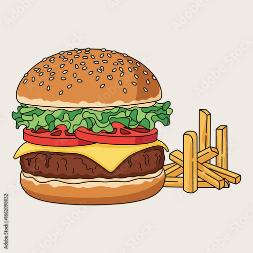 Vector illustration of a classic cheeseburger with a side of french fries. Colorful cartoon drawing of a popular American fast food meal.