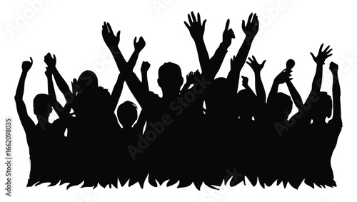 Silhouette of cheering crowd with hands raised on an isolated background