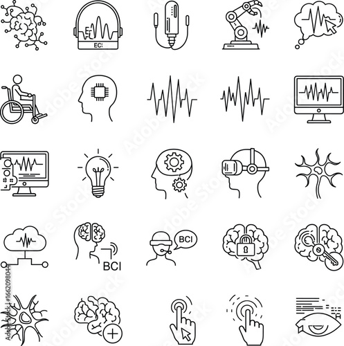 Neuroscience and brain-computer interface icon set, brain activity, BCI, signal processing, neural network, AI, mental health, neurotechnology, innovation, robotics