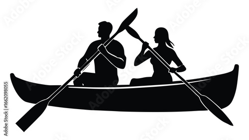 Silhouette of couple canoeing together on a lake during summer adventure trip