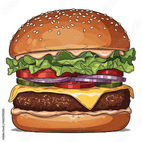 Juicy Hamburger with Lettuce, Tomato, Onion, and Cheese on a Sesame Seed Bun - Delicious Fast Food Illustration