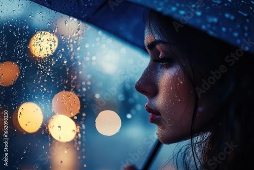 Woman with umbrella in rain poetic portrait