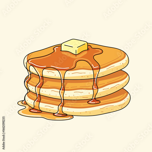 Delicious Stack of Golden Pancakes with Melting Butter and Sweet Maple Syrup, Perfect for a Hearty Breakfast or Indulgent Brunch