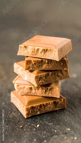 Stack of light brown chocolate pieces on a dark surface