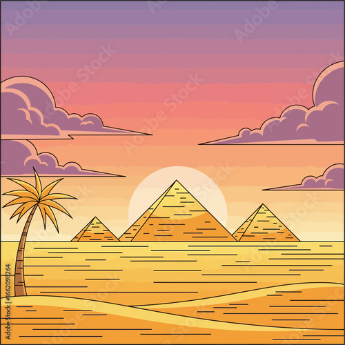 Pyramids of Egypt at Sunset with Palm Tree and Desert Landscape