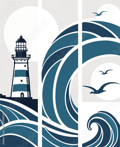 Stylized lighthouse and crashing waves under a large sun with seagulls flying