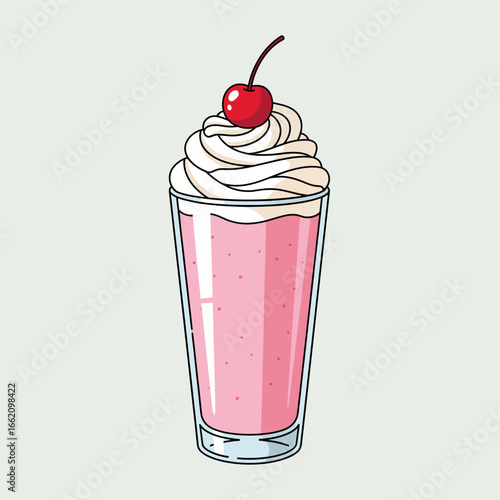 Deliciously creamy pink milkshake in a tall glass, topped with fluffy whipped cream and a vibrant red cherry, a sweet and refreshing dessert drink illustration.