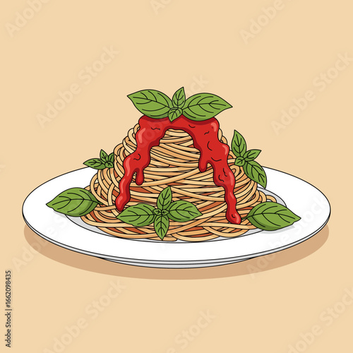 Appetizing illustration of classic spaghetti pasta topped with rich red tomato sauce and fresh green basil, perfect for Italian food concepts.