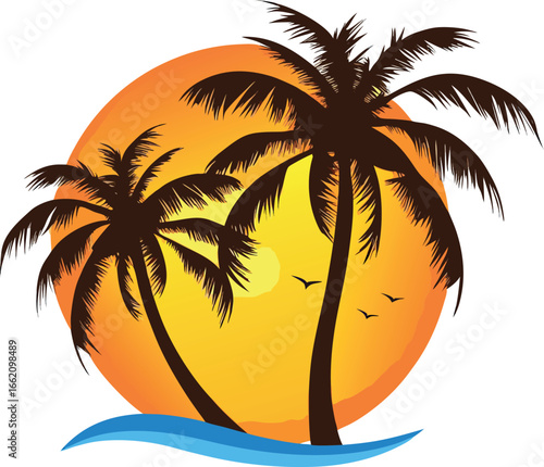 A silhouette vector illustration of a tropical palm tree on a beach at sunset