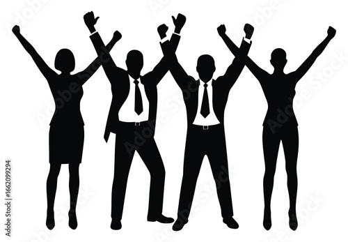 Successful business team celebrating victory with arms raised in the air showing teamwork