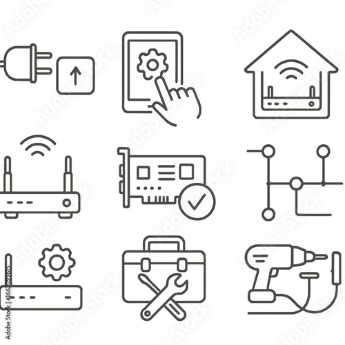 Technical Installation Icons. Line style icons of technical installation and setup: plug and install icon, device setup wizard,