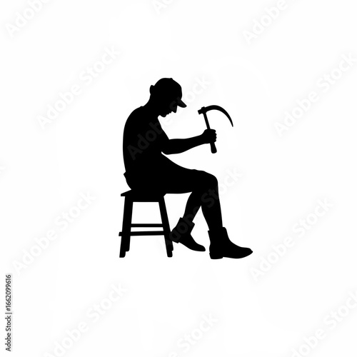 Farmer sharpening sickle with stone, sitting on low stool silhouette on white background