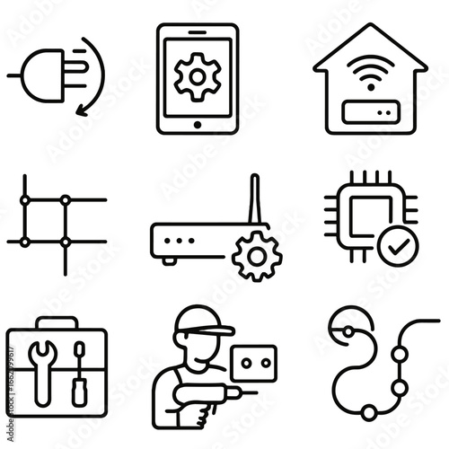 Technical Installation Icons. Line style icons of technical installation and setup: plug and install icon, device setup wizard,