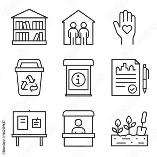 Community Service Icons. Line style icons of community and public functions: public library service, community center sign,