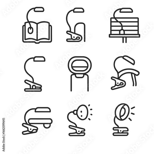 Clip-on Light Icons. Line style icons of Portable Clip-on Lights: book clip light, headboard clip lamp, music stand light, crafts