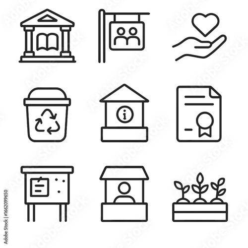 Community Service Icons. Line style icons of community and public functions: public library service, community center sign,