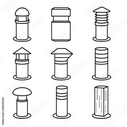 Line Style Bollard Icons. Line style icons of Pathway Bollard Lights: round bollard, square bollard, louver lens bollard, pyramid