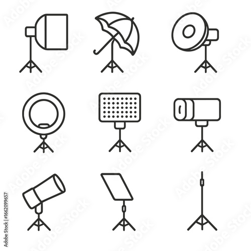 Photography Studio Lights. Line style icons of Photography Studio Lights: softbox, umbrella reflector, beauty dish, ring light,